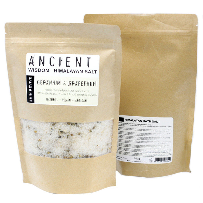 Himalayan Bath Salt infused with Geranium & Grapefruit Essential Oils + Vitamin E Oil and Chamomile Flowers - Skin Revive