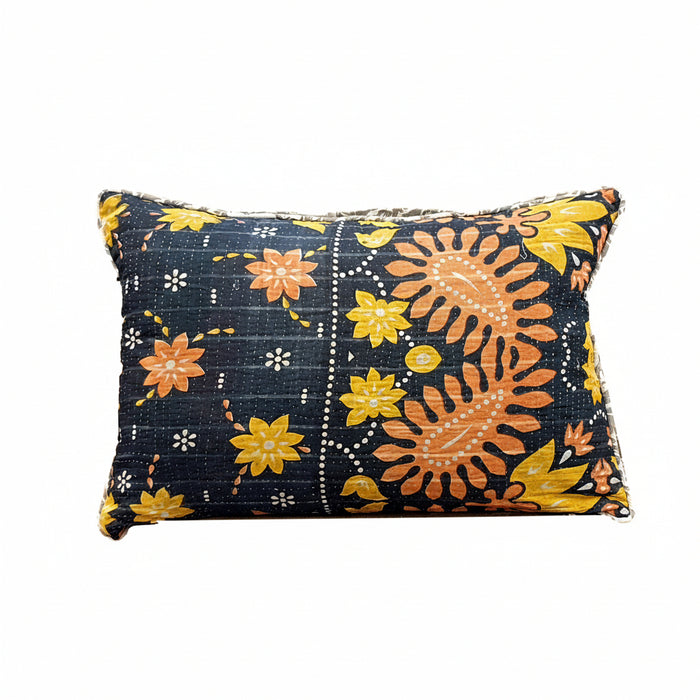 Handmade Kantha cushion pillow cover with a floral pattern in orange, yellow, and black colors on a dark base, featuring a concealed zip.