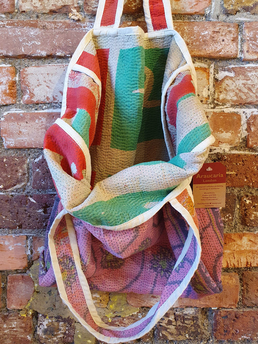 Reversible Tote Bag Made from a Vintage Hand Stitched Cotton Kantha Blanket