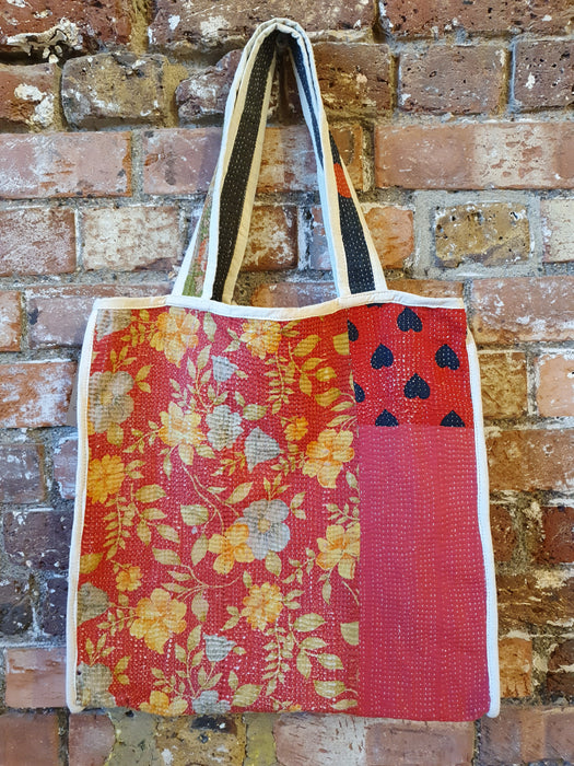 Reversible Tote Bag Made from a Vintage Hand Stitched Cotton Kantha Blanket