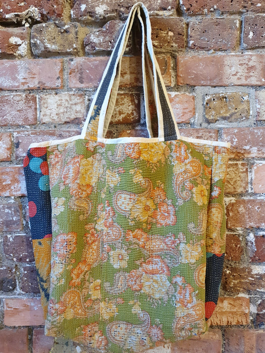 Reversible Tote Bag Made from a Vintage Hand Stitched Cotton Kantha Blanket